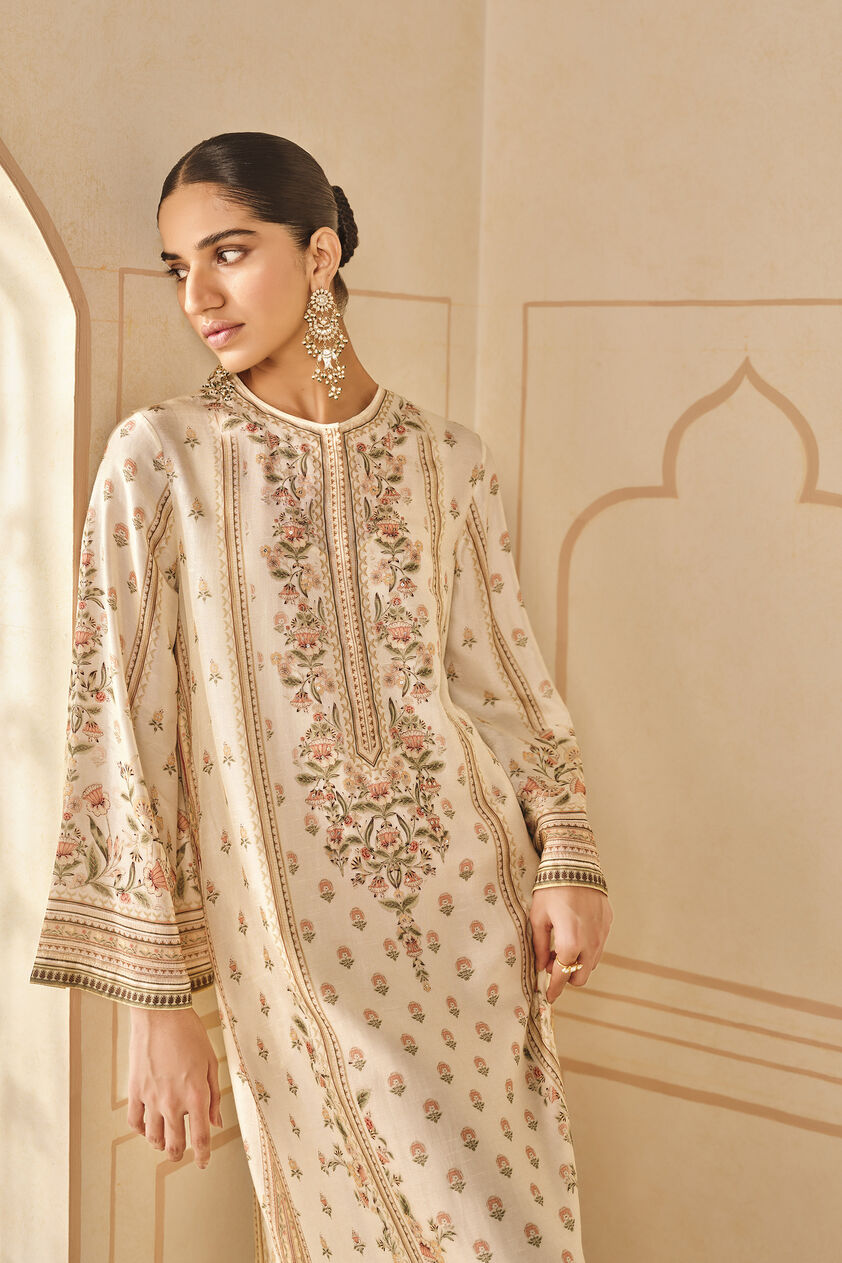 Jarita Printed Silk Kaftan - Ivory, Ivory, image 3